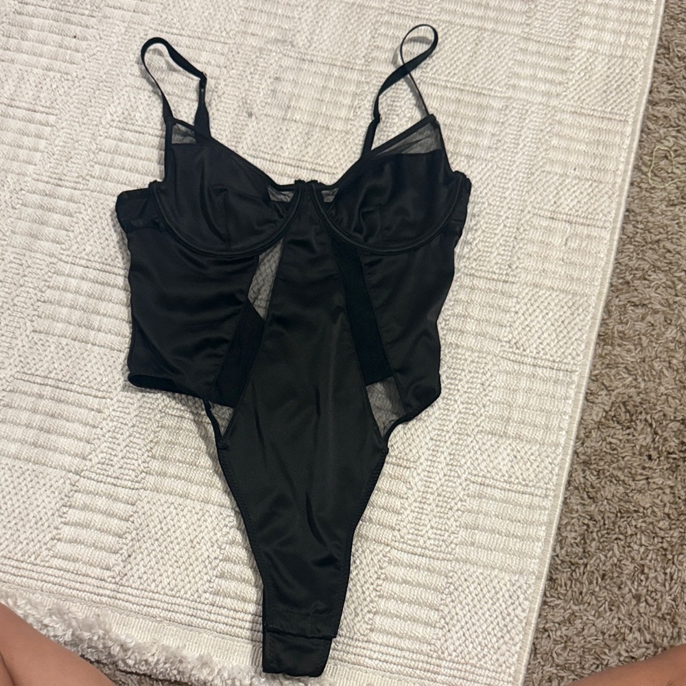 Fashion Nova Black Satin & Mesh Bodysuit